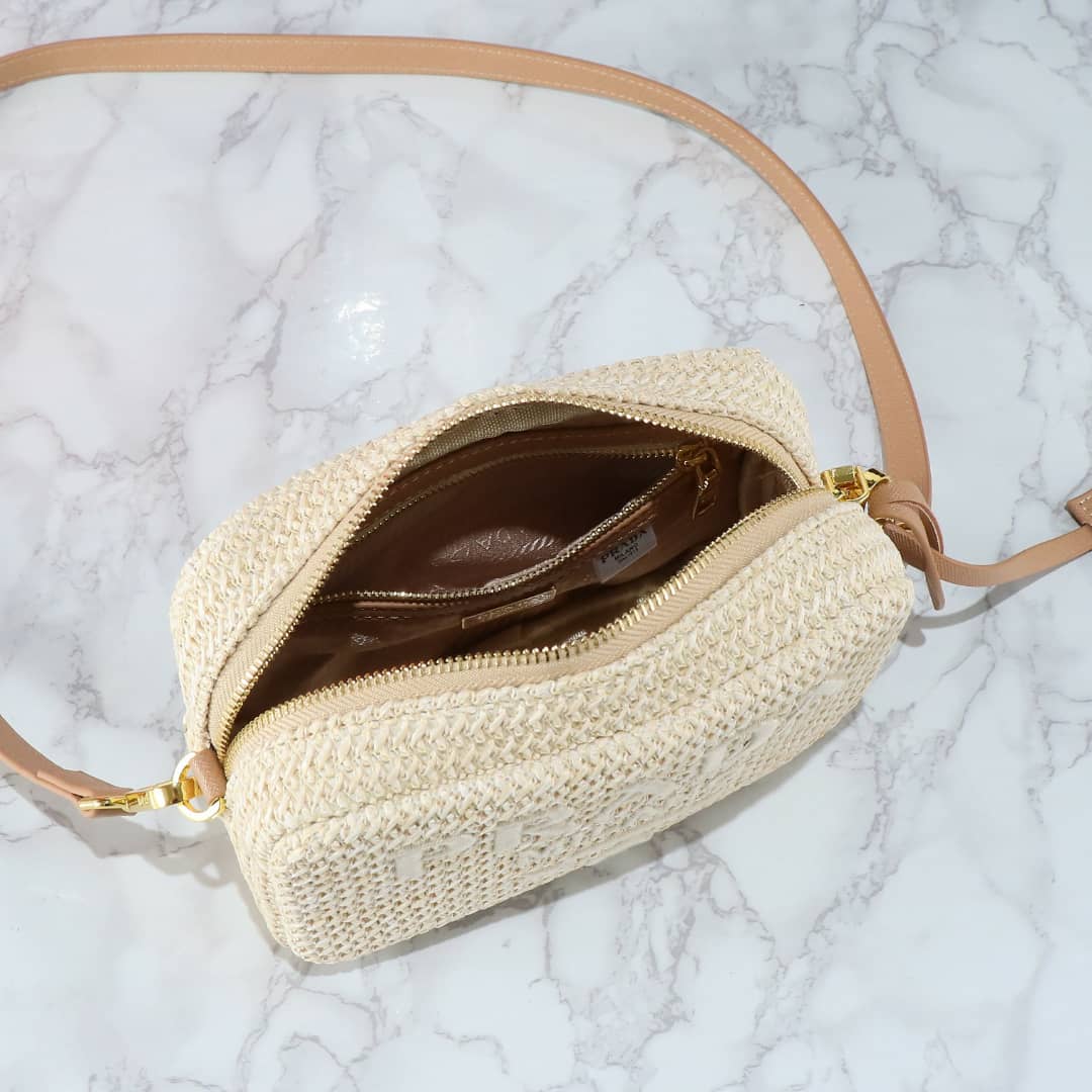 Prada Raffia Crochet Shoulder Bag Natural 20Cm