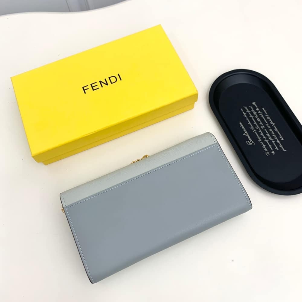 Fendi Ff Diamonds Continental With Chain Leather Wallet Light Blue 19Cm