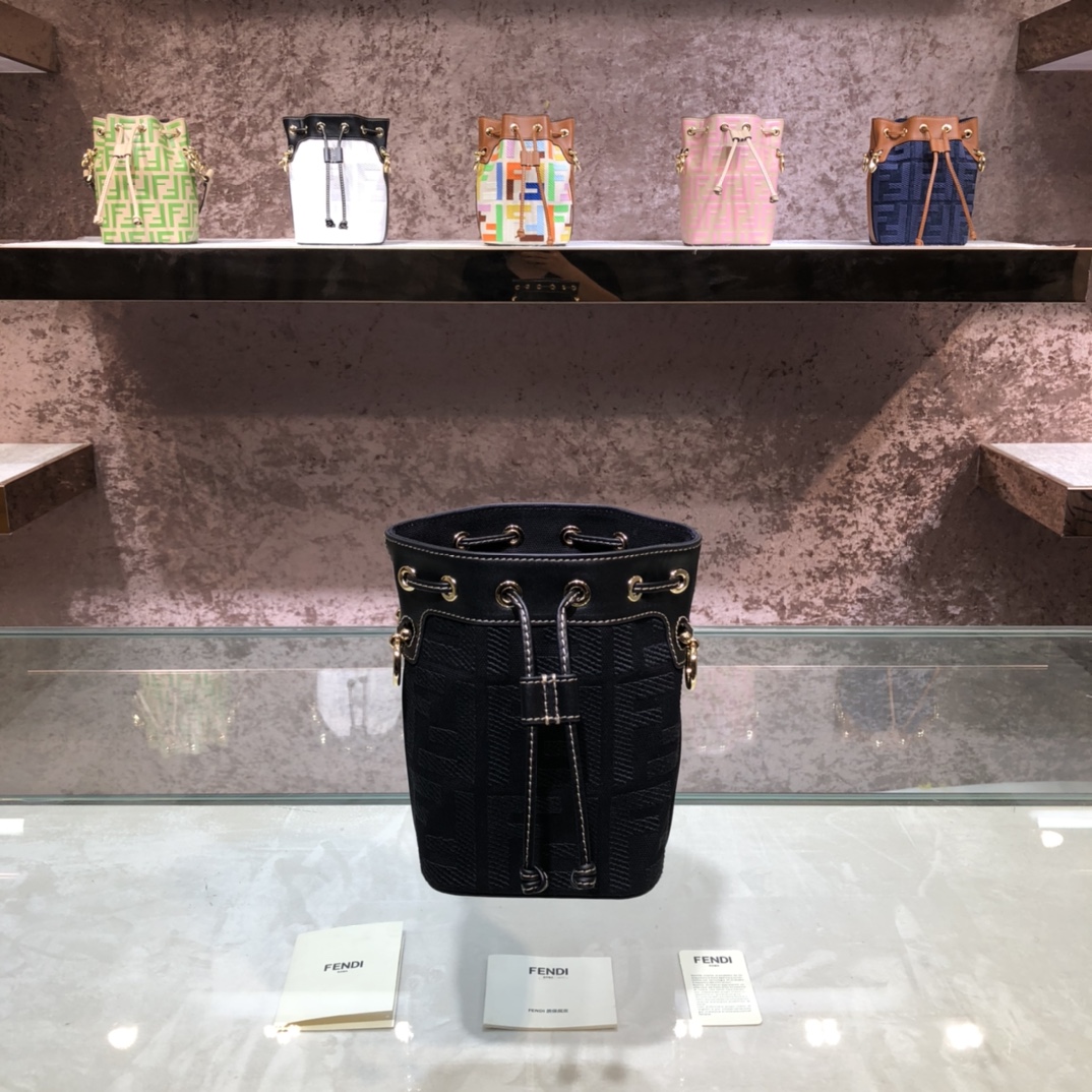 FENDI-Black Denim FF Logo Embroidered Bucket Bag