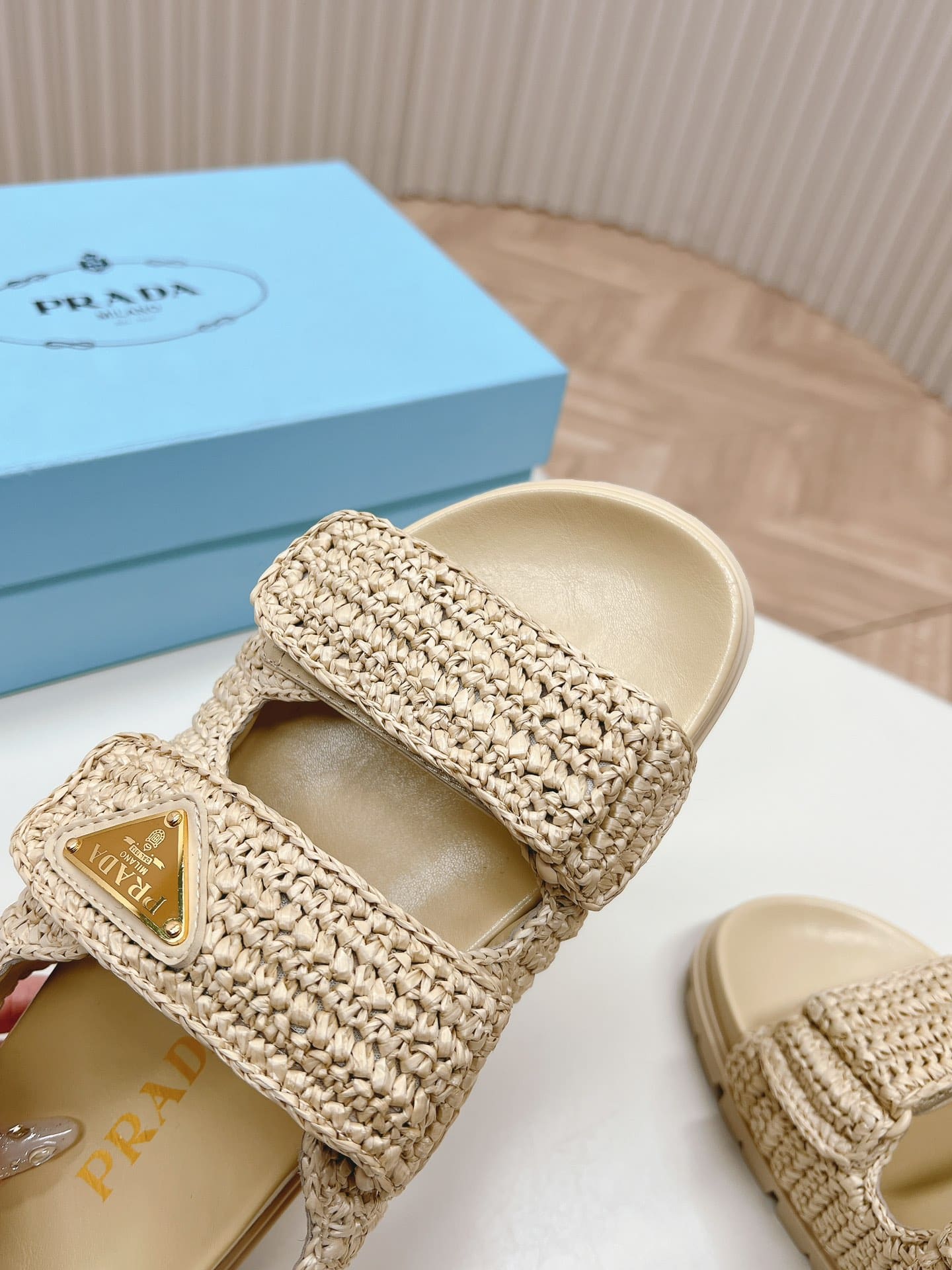 Prada Monolith Crochet Raffia Effect Sandals In Neutrals