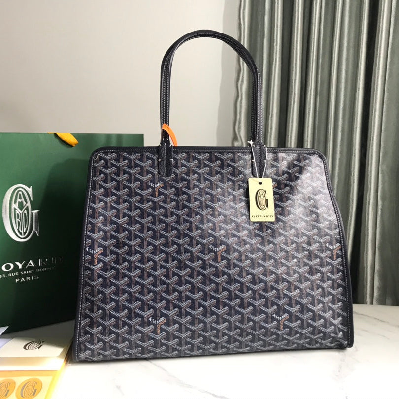 Goyard Hardy Pm Bag 40 Cm Navy Blue Goyardine Canvas And Black Taurillon Leather Trim