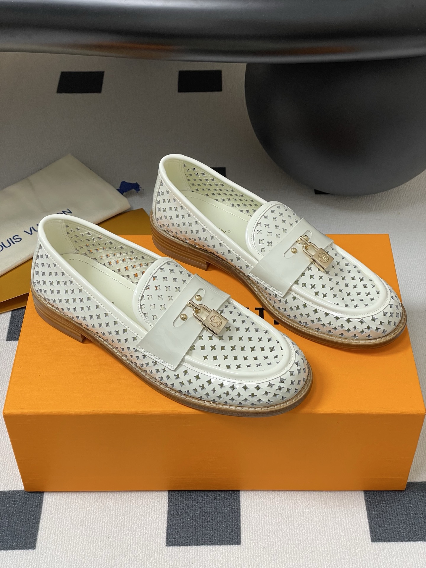 Louis Vuitton Chess Flat Loafer White Monogram Embroidered with Gold Padlock 1AGXRV