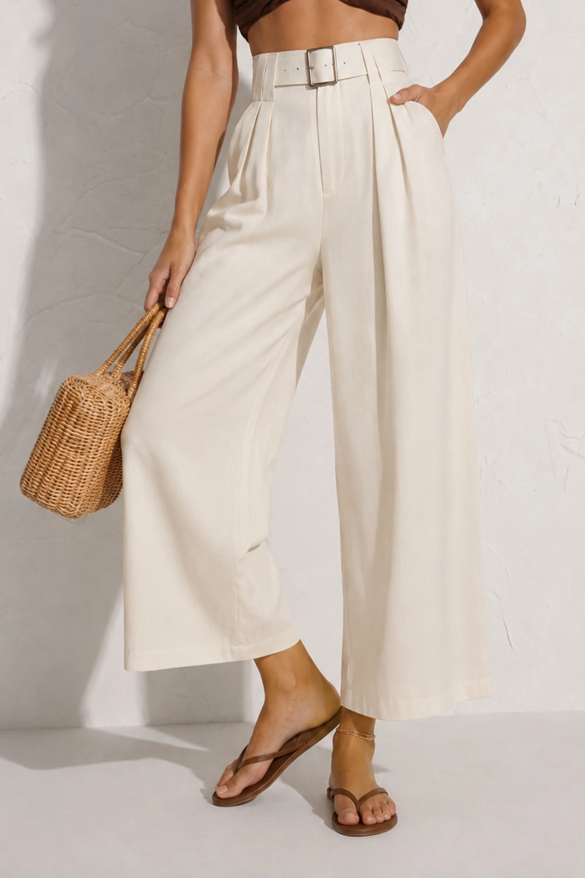 Ivory Belted Drape Pants