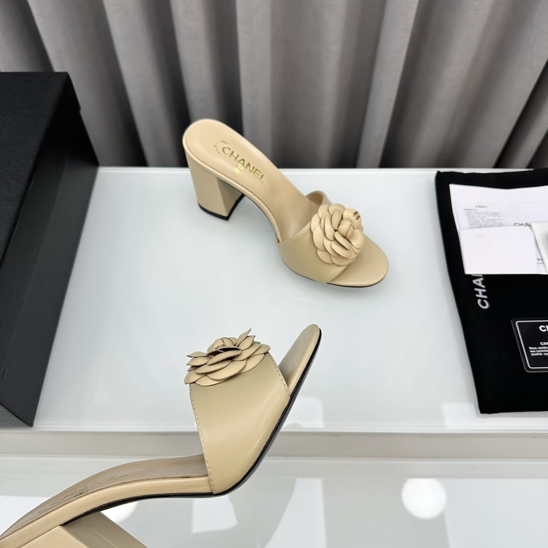 Chanel Camellia Medium Heel Slippers Beige