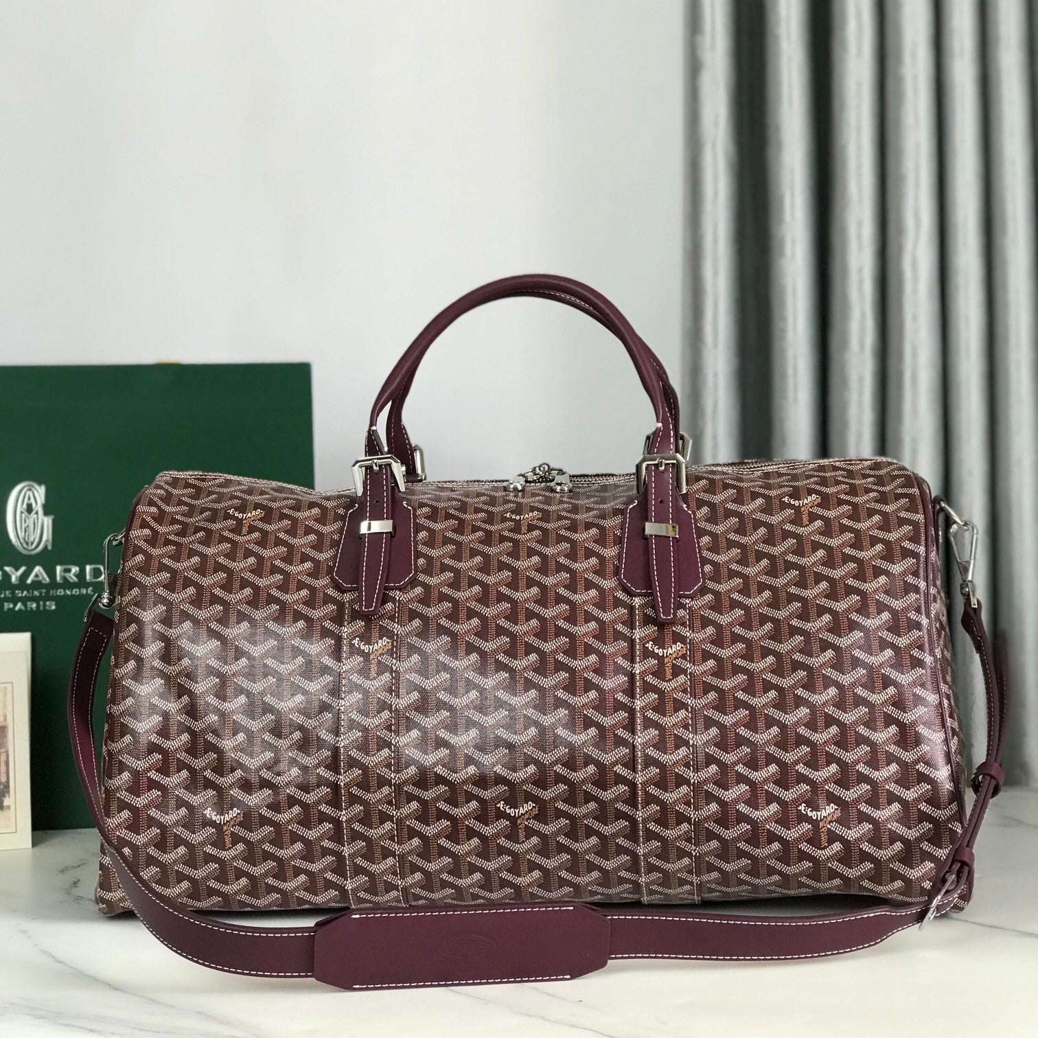 Goyard Boston 50 Bag Cm Wine Red Goyardine Canvas And Calfskin Trim