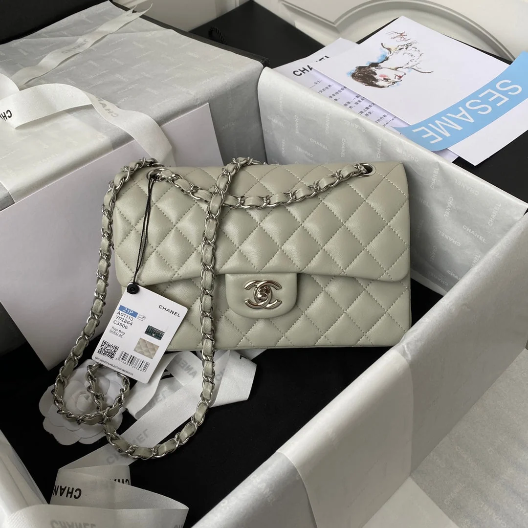 Medium Classic Flap Bag 23cm Light Grey Lambskin Silver Hardware