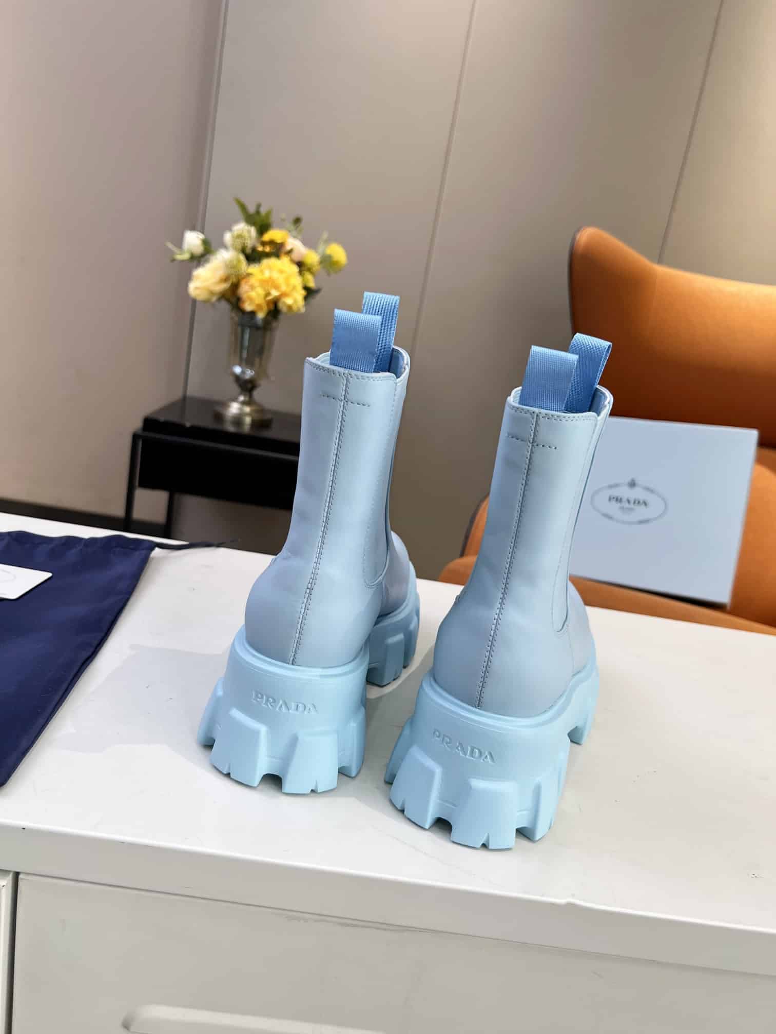 Prada Monolith Brushed Leather Booties Blue