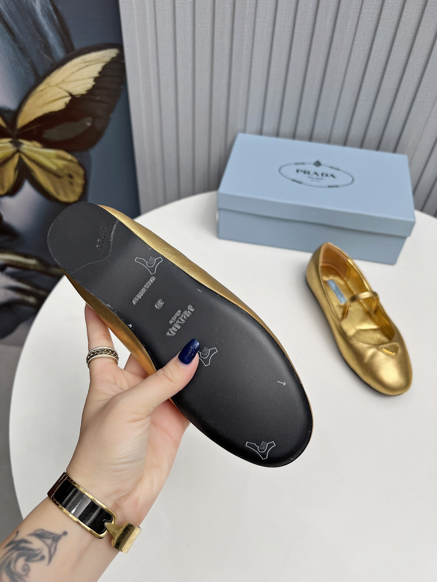 Prada Soft Padded Nappa Leather Ballerinas Gold