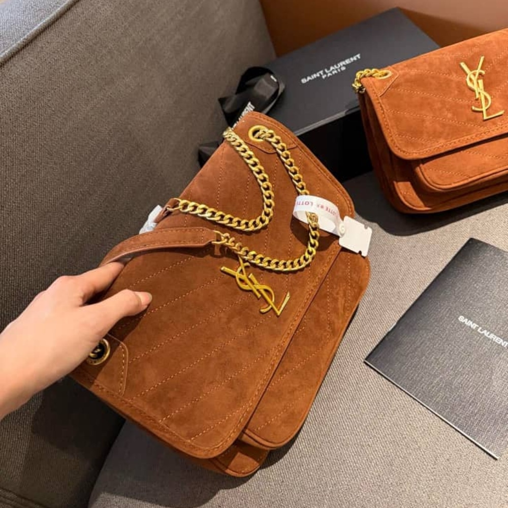 Saint Laurent Niki Baby Quilted Suede Chain Bag Brown 28cm