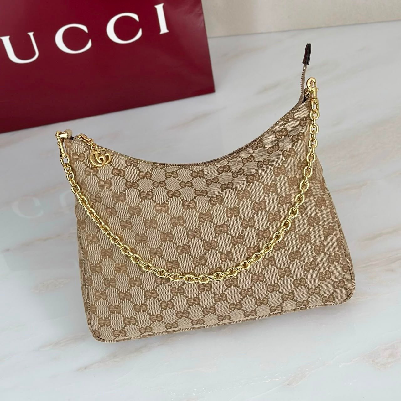 Gucci Lady Lunetta Chain Medium Shoulder Bag 30cm/12in Brown GG Canvas A006OA