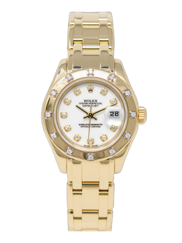 【Super Clone】Rolex Pearlmaster 80318 Yellow Gold White Dial 29MM Lady Replica Watch