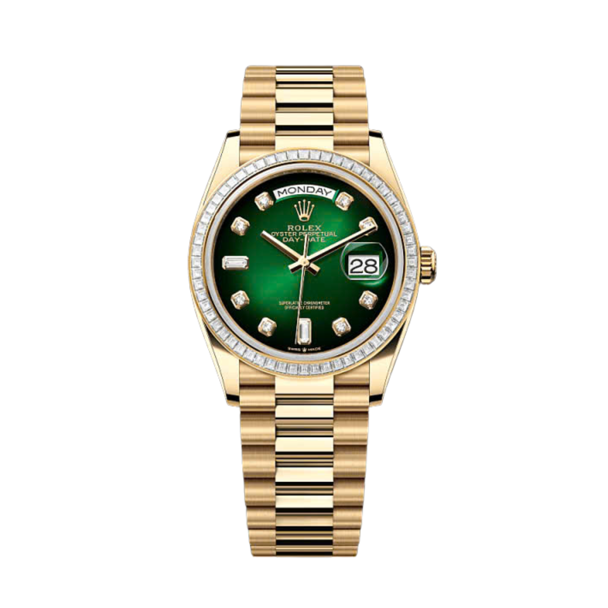 Rolex Yellow Gold Day-Date Diamond Bezel Onyx Green Dial President Bracelet 40mm