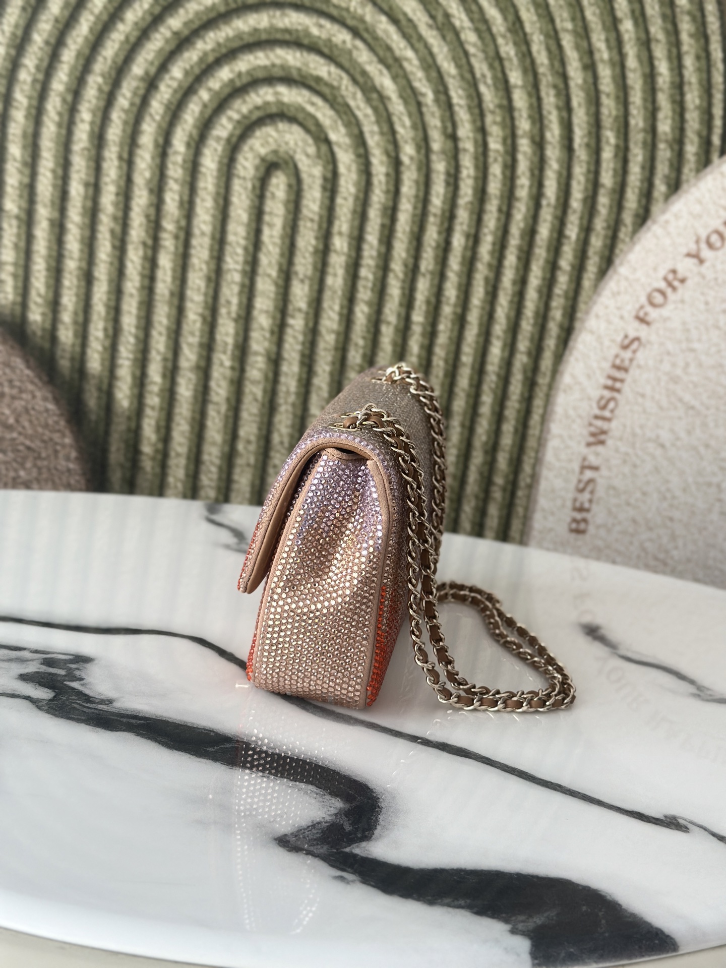 Classic Flap Mini Bag in Nude Plaid Strass Crystal Embellished Suede (Gold Hardware)