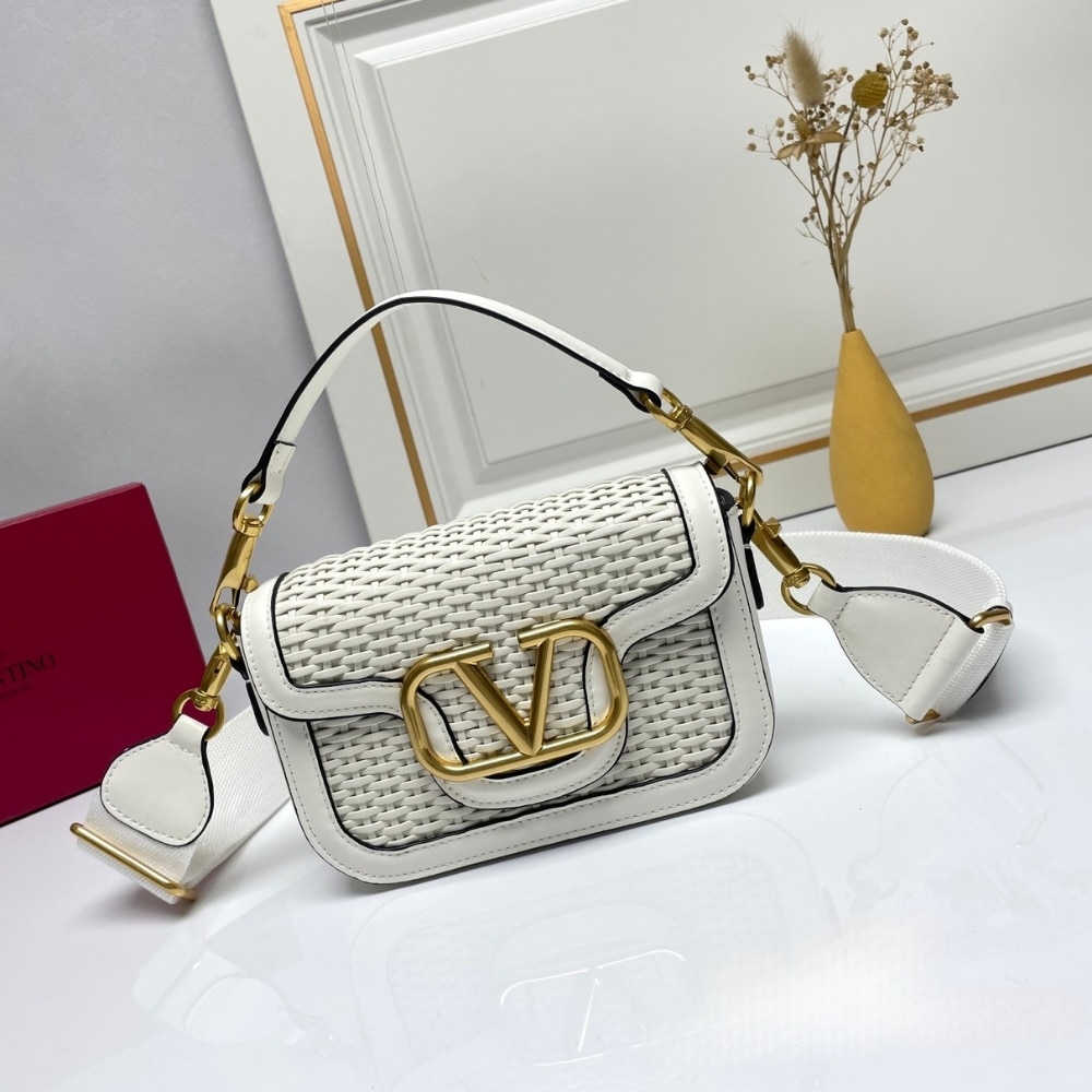 Valentino Garavani Alltime VLogo Woven Leather Shoulder Bag White 22Cm