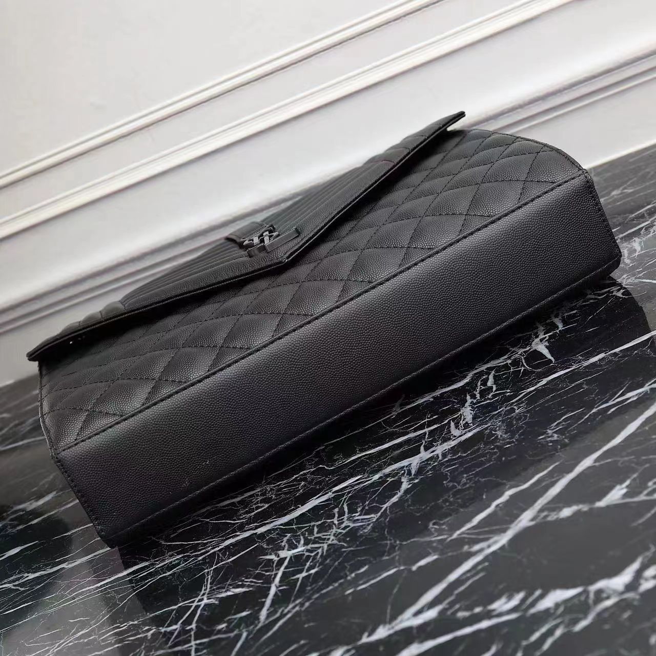 Saint Laurent Envelope Large Bag In Mix Matelasse Grain De Poudre Embossed Leather Black 31Cm
