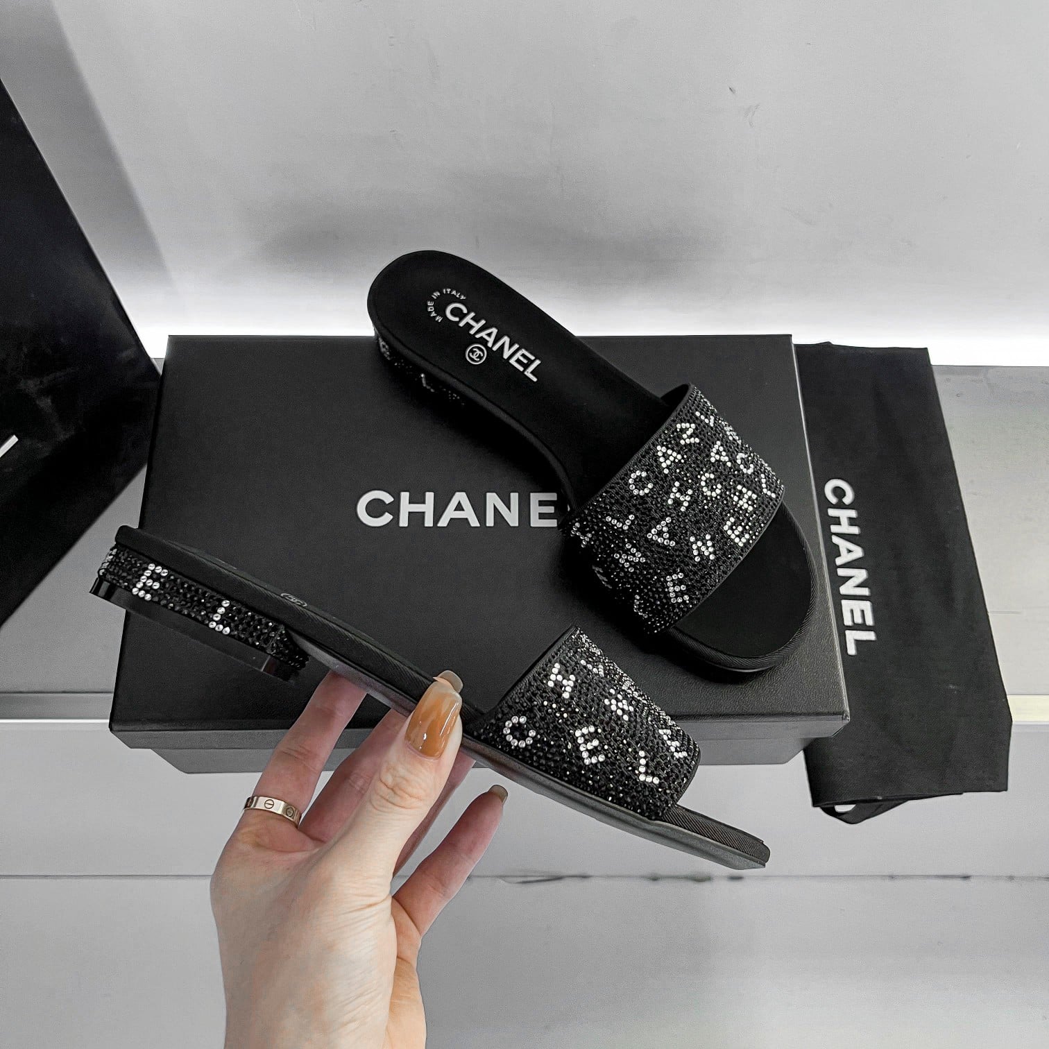 Chanel 24P Beaded Diamond Logo Slippers Black