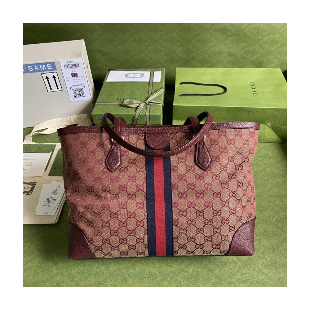 Gucci Ophidia Medium Tote With Web in Burgundy GG Canvas