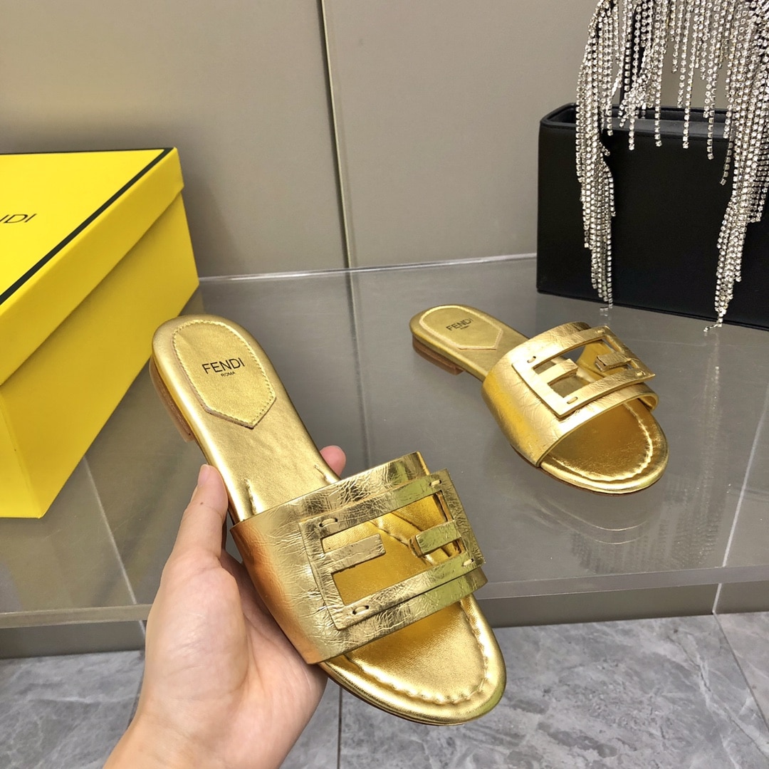 Fendi Baguette Gold Nappa Leather Slides 8R8136Ai16F0Xv6