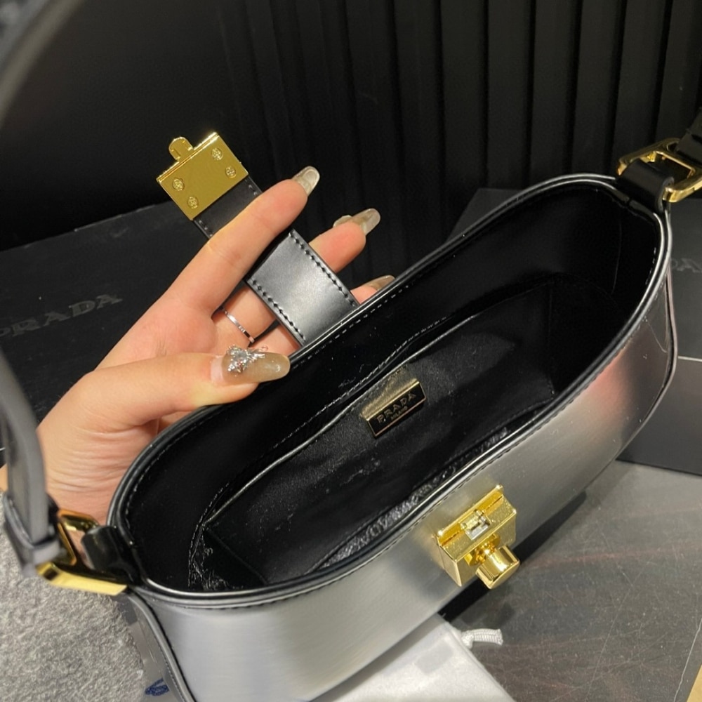 Prada Cleo Brushed Leather Shoulder Bag With Clasp Closure Black 26Cm