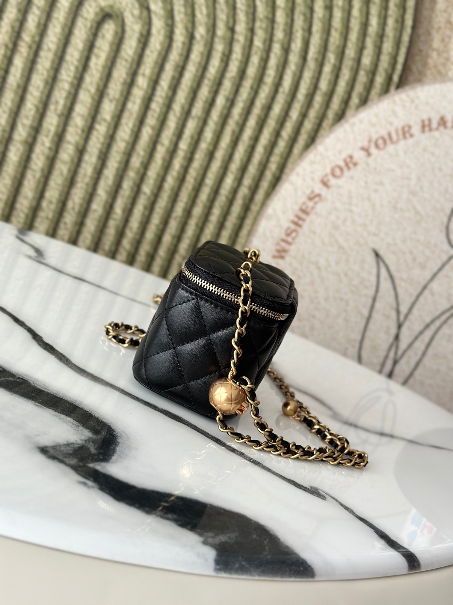 Mini Square Vanity Case with Adjustable Ball Chain in Black Quilted Lambskin with Gold-Tone Hardware