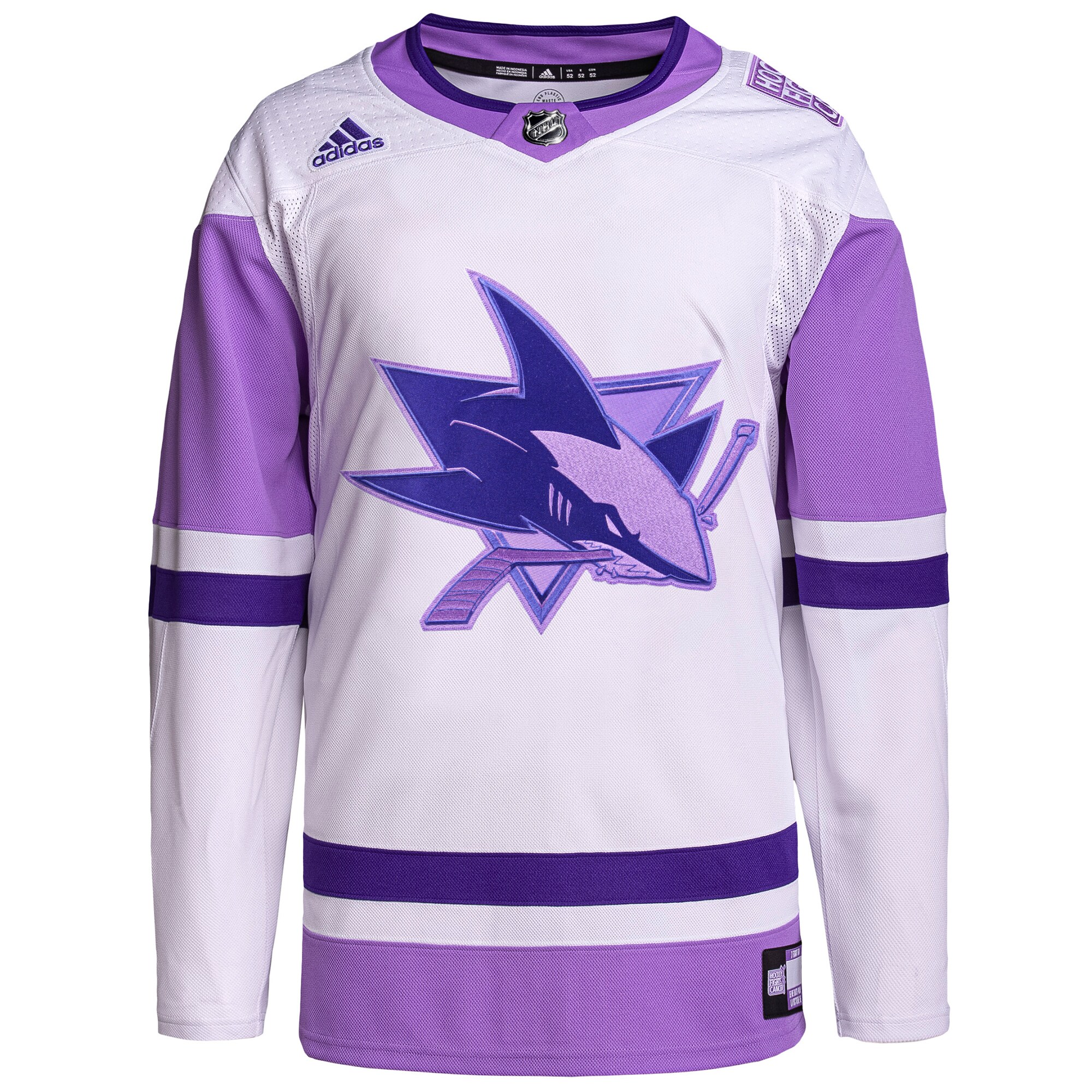San Jose Sharks adidas Hockey Fights Cancer Primegreen Authentic Blank Practice Jersey – White/Purple