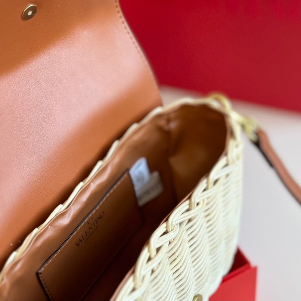 Valentino Loco VLogo Flap Straw Shoulder Bag Brown 18Cm