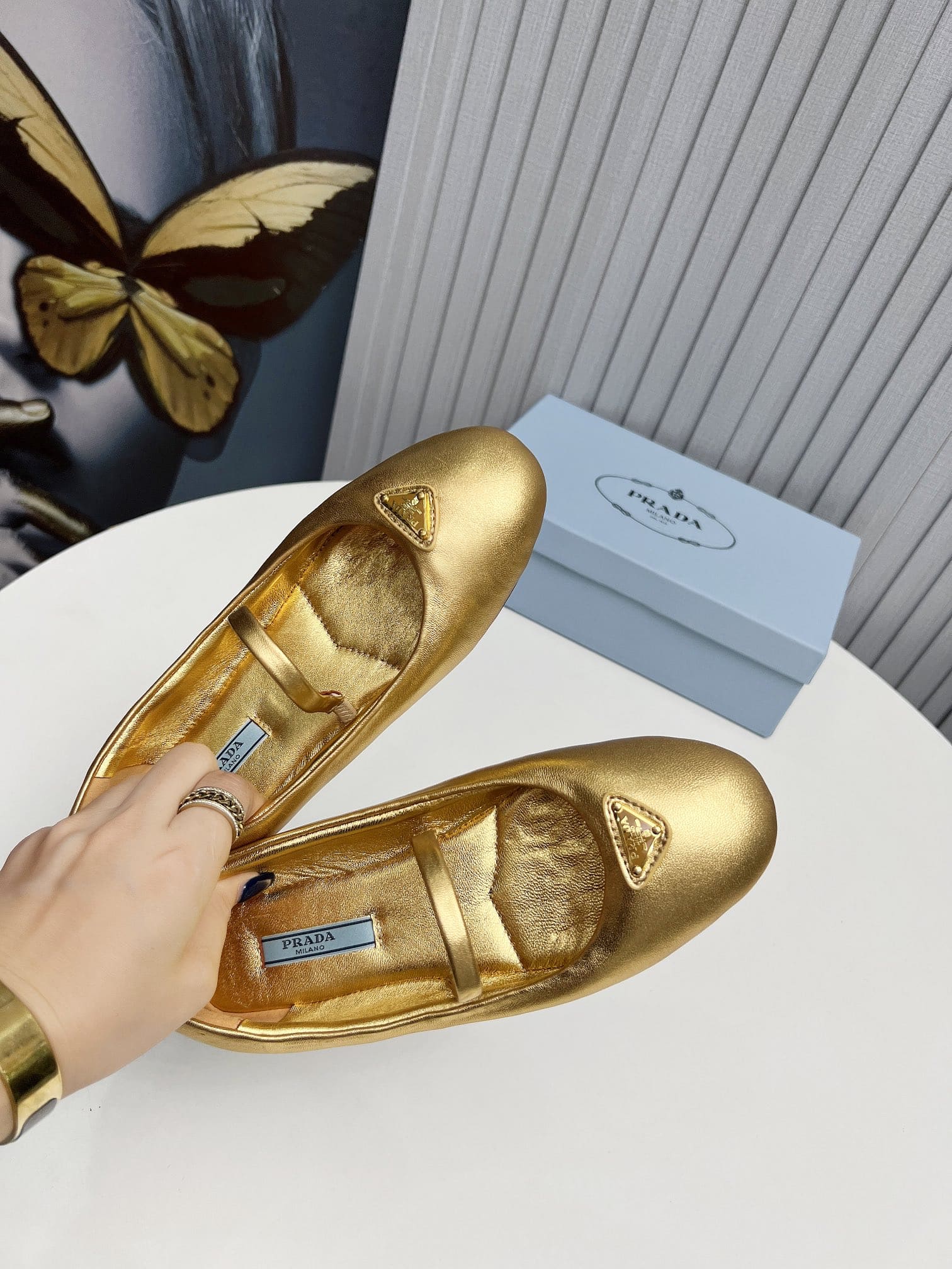 Prada Soft Padded Nappa Leather Ballerinas Gold