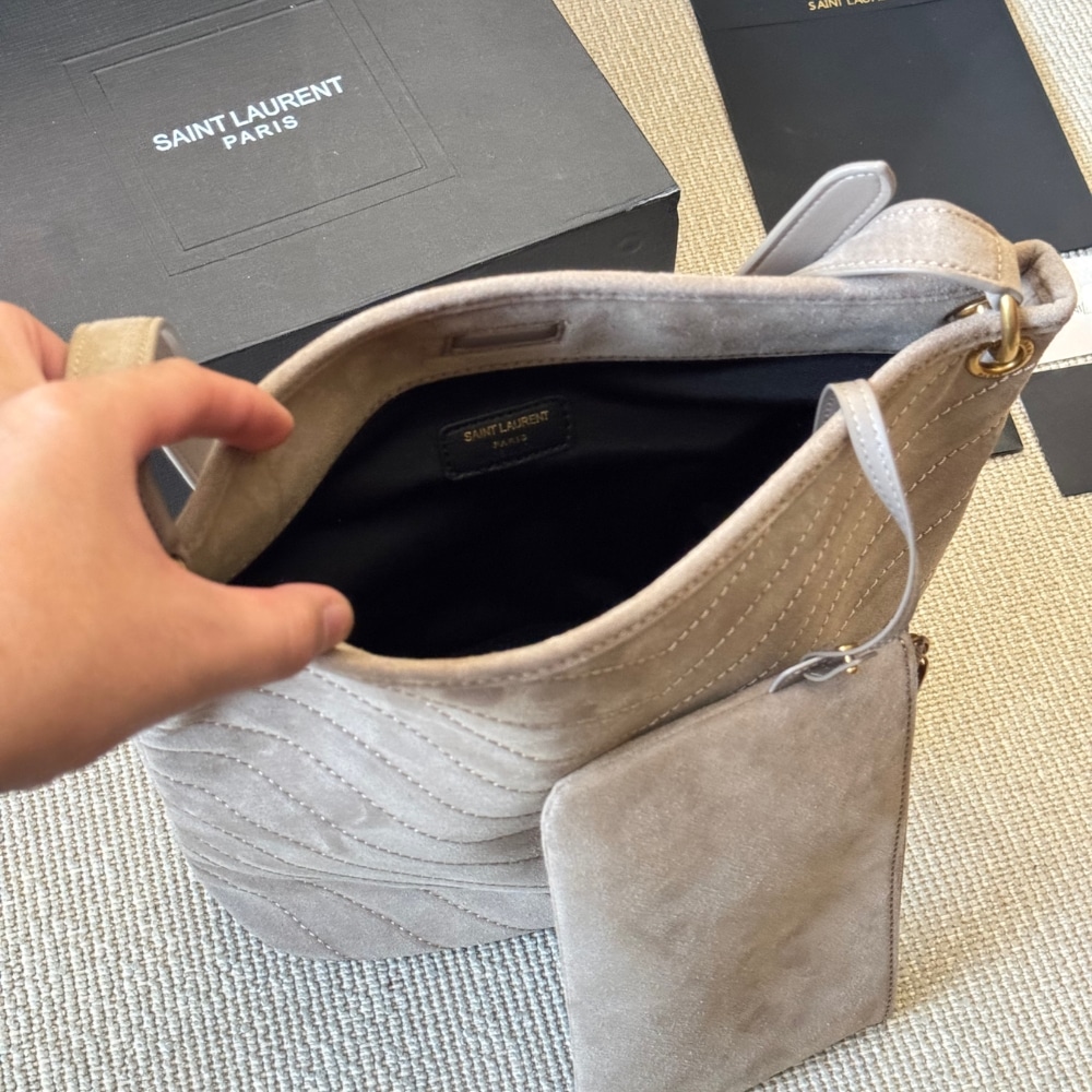Saint Laurent Niki Supple Bucket In Suede Gray 38cm
