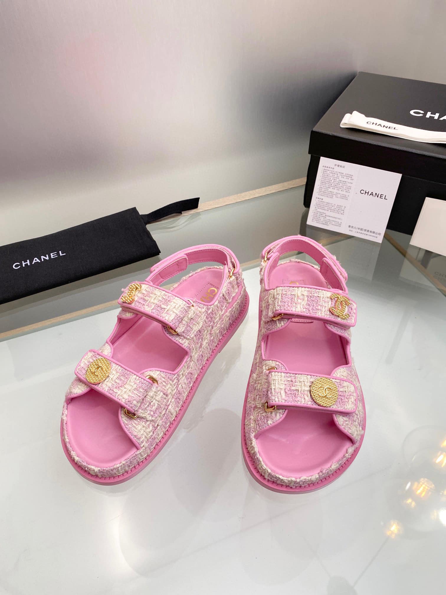 Chanel Tweed Sandal Pink Ecru Cotton G35927 X56999 K5945