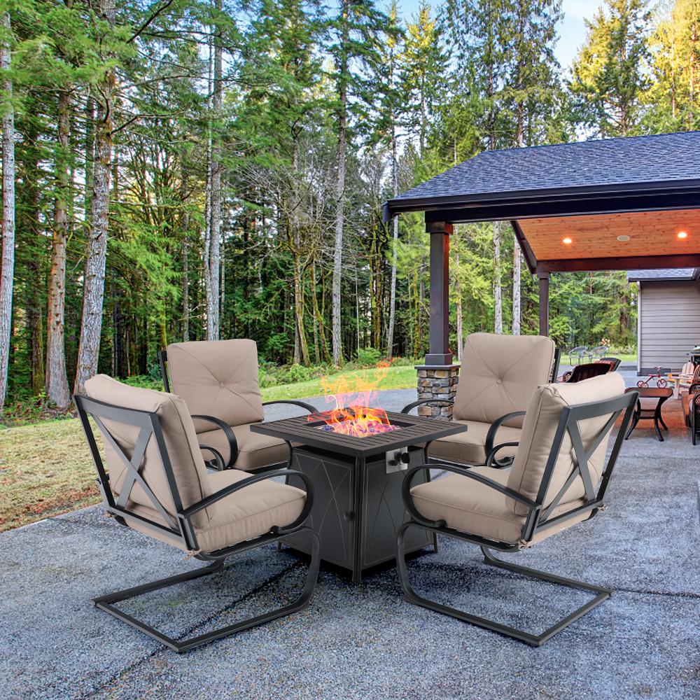 5-Piece Outdoor Fire Pit Set C-spring Chairs With Cushions & 50,000BTU Square Fire Pit Table