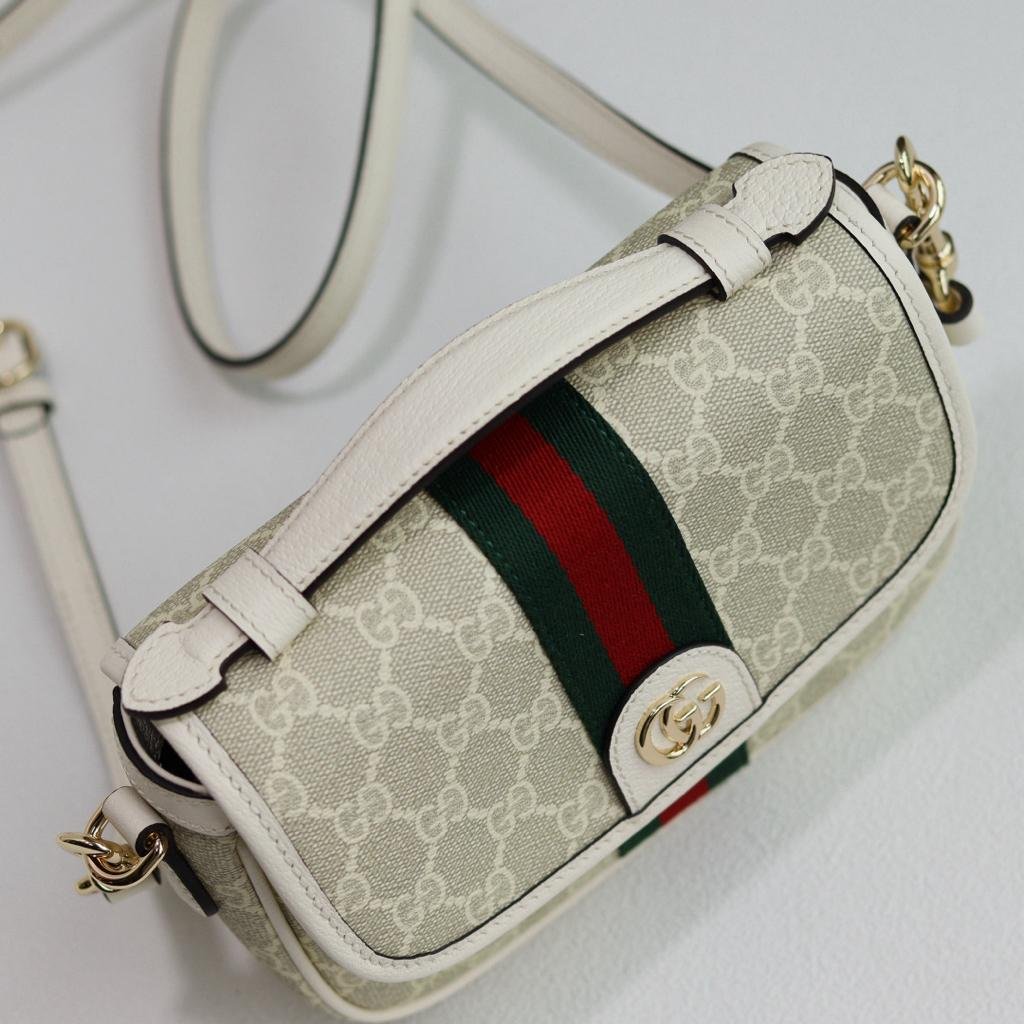 Gucci Ophidia Small Top Handle Bag 20cm/7.9in Beige And White GG Fabric 836843