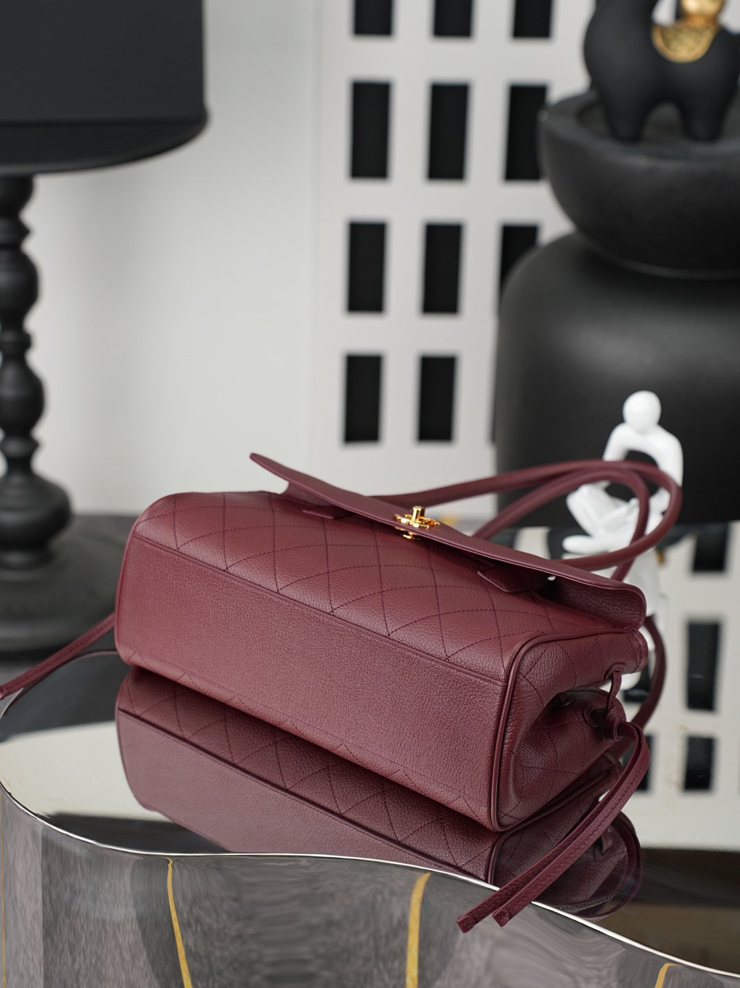 Spring-Summer 2026 Burgundy Quilted Caviar Leather Baguette Shoulder Bag with Gold-Tone Hardware & Long Handle