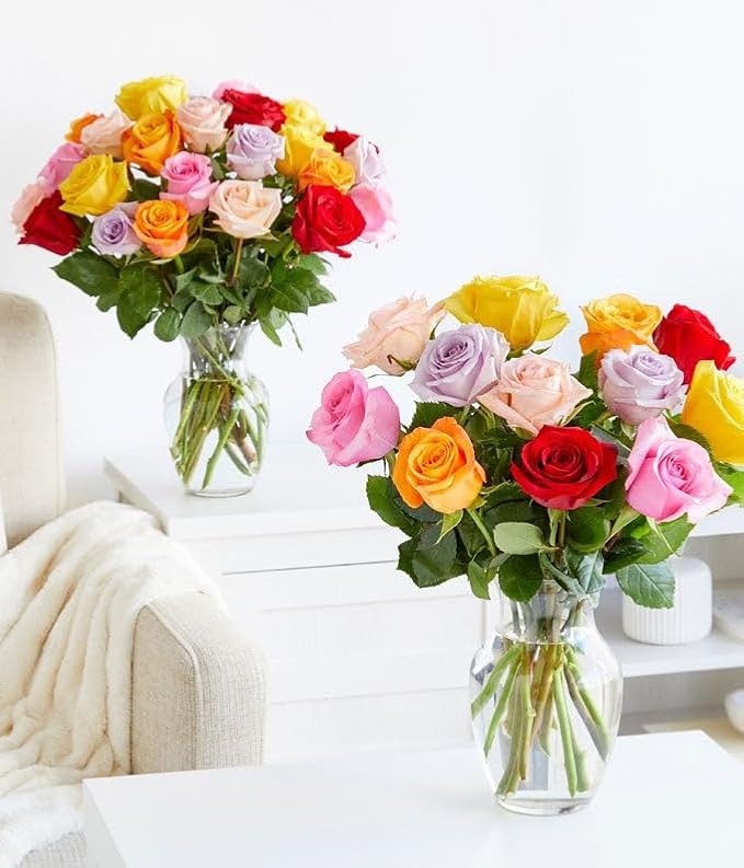 From You Flowers - One Dozen Rainbow Roses with Glass Vase | Fresh Flower Bouquets for Birthday, Anniversary, Get Well or Celebration
