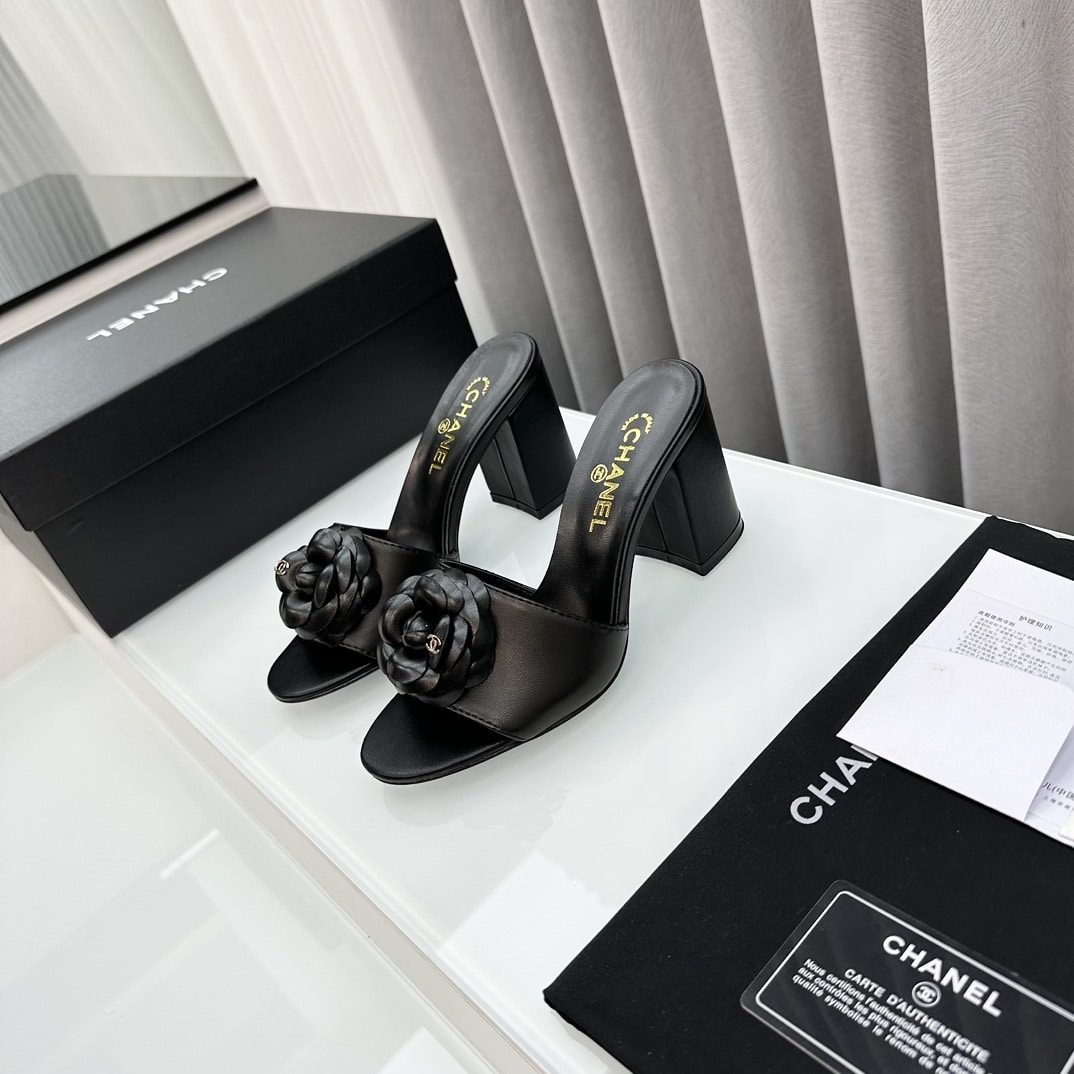Chanel Camellia Medium Heel Slippers Black