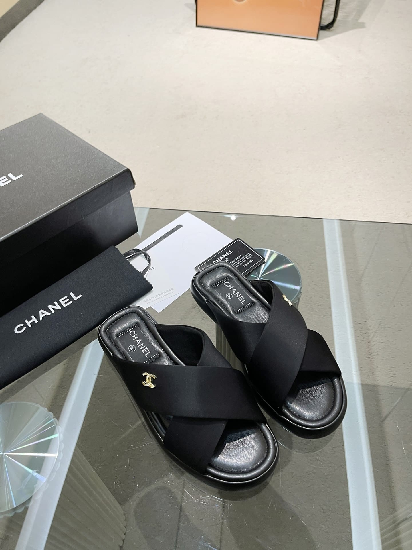 Chanel Cc Logo Criss Cross Slides Black