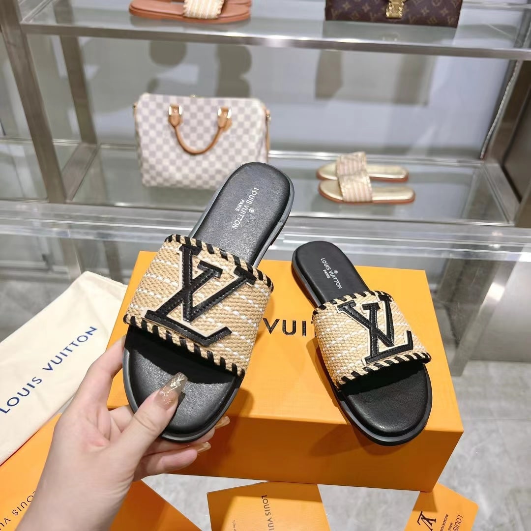 Louis Vuitton Lock It Flat Raffia Mules Black