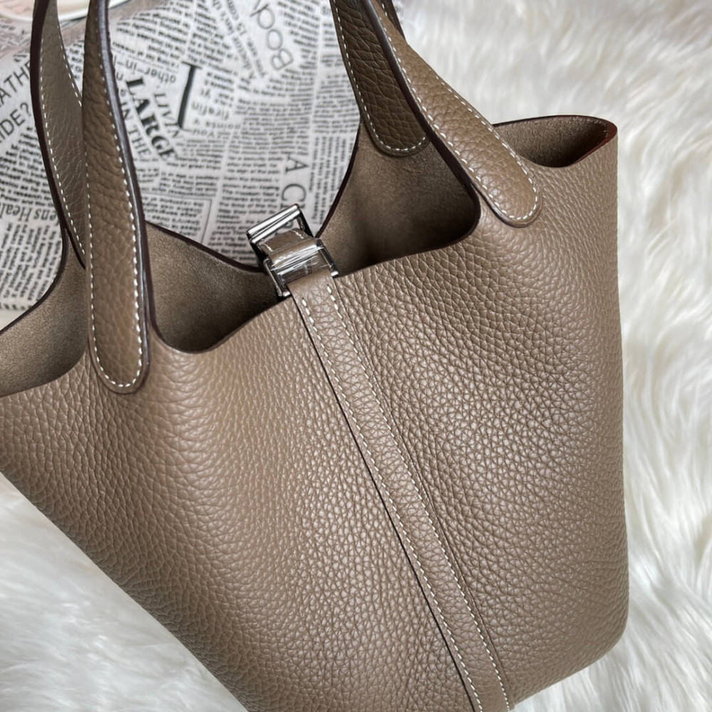 Hermes Picotin Lock Bag In Taurillon Clemence Etoupe Grey 22Cm
