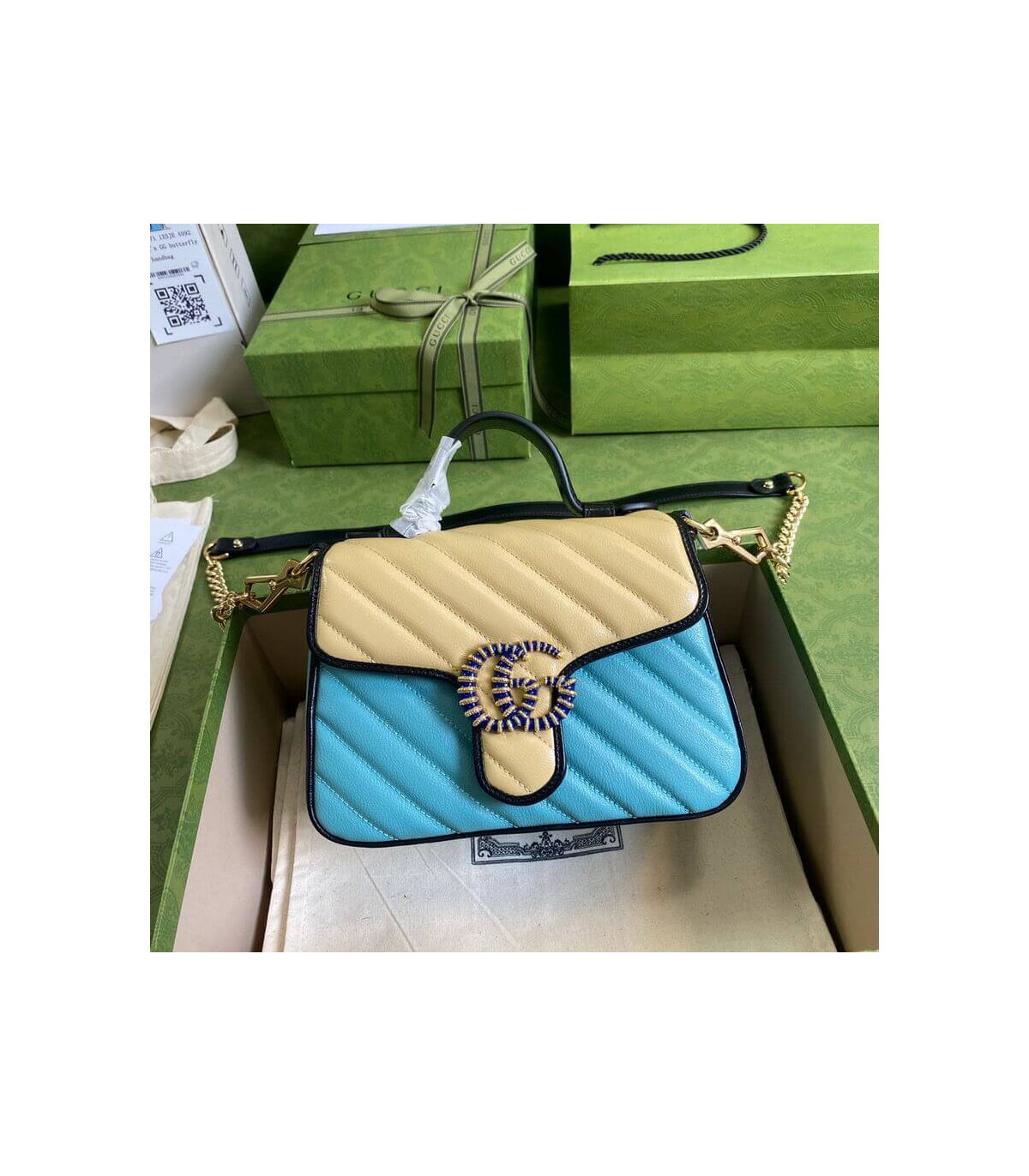 Gucci GG Marmont Mini Bag Butter and Pastel Blue Leather