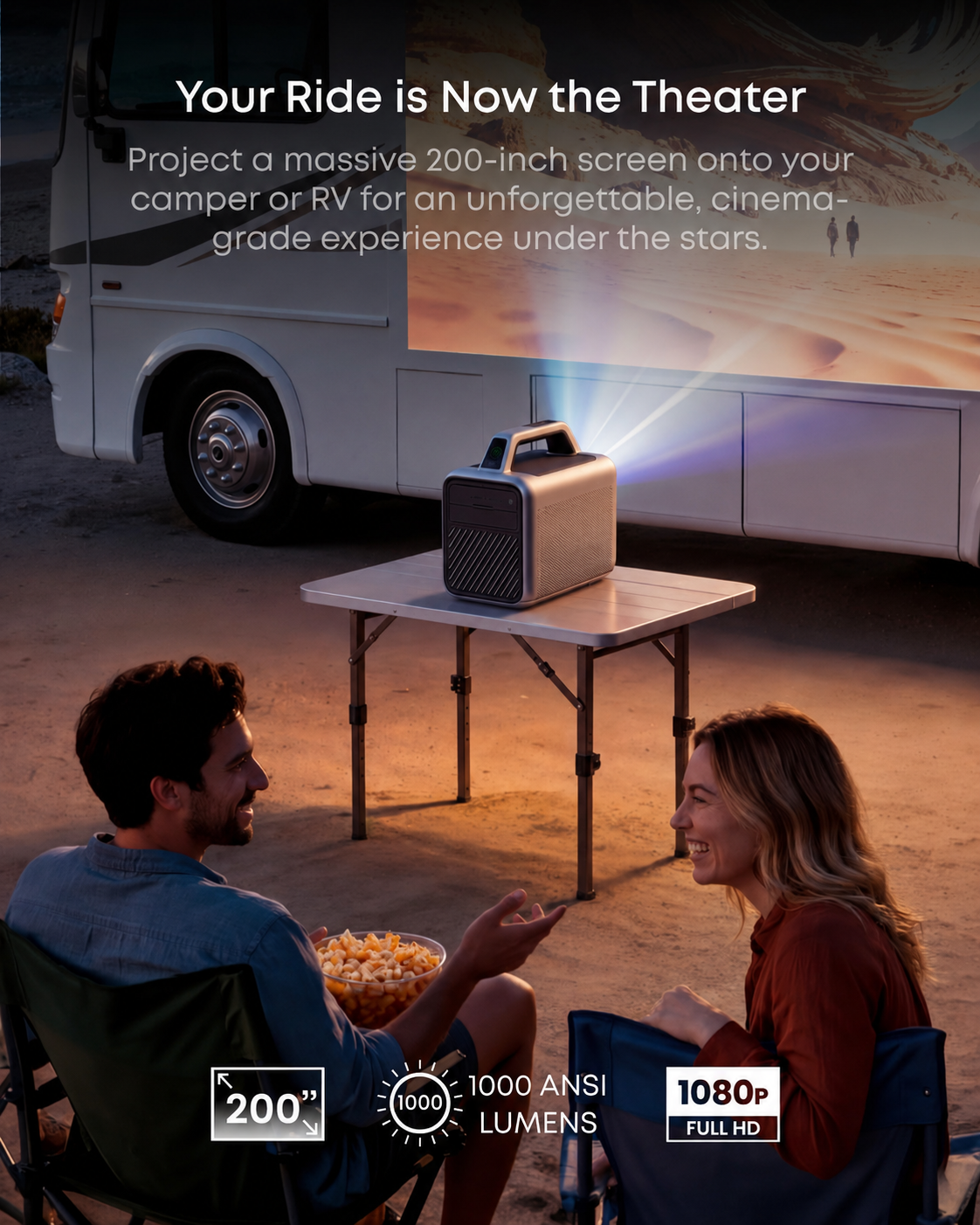🔥Clearance Sale🔥 1000 ANSI Outdoor Portable Projector – 1080P Big Screen Home Theater with Built-In Battery for Camping & Backyard Movies