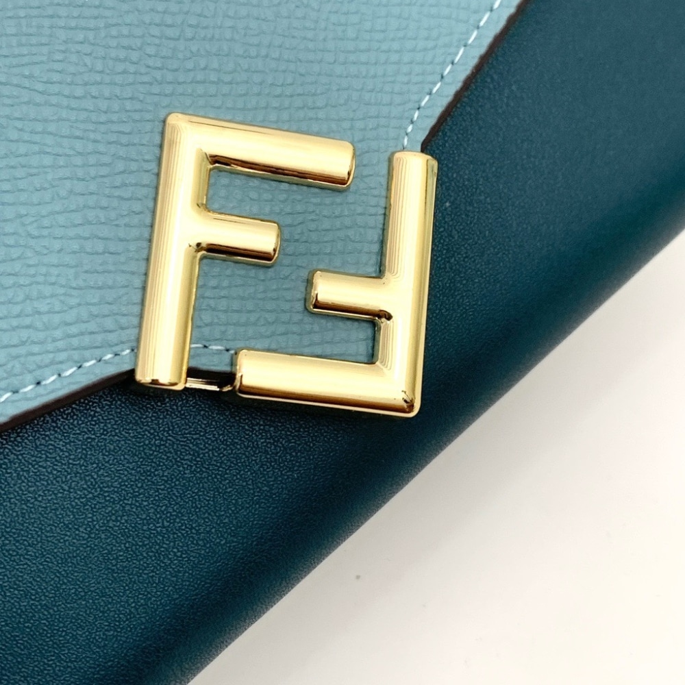 Fendi Ff Diamonds Continental With Chain Leather Wallet Green Blue 19Cm