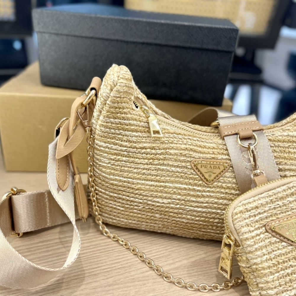 Prada Re Edition 2005 Crochet Bag Raffia Natural Tan 22CM 1BH204 2A2T F0018 V V9L