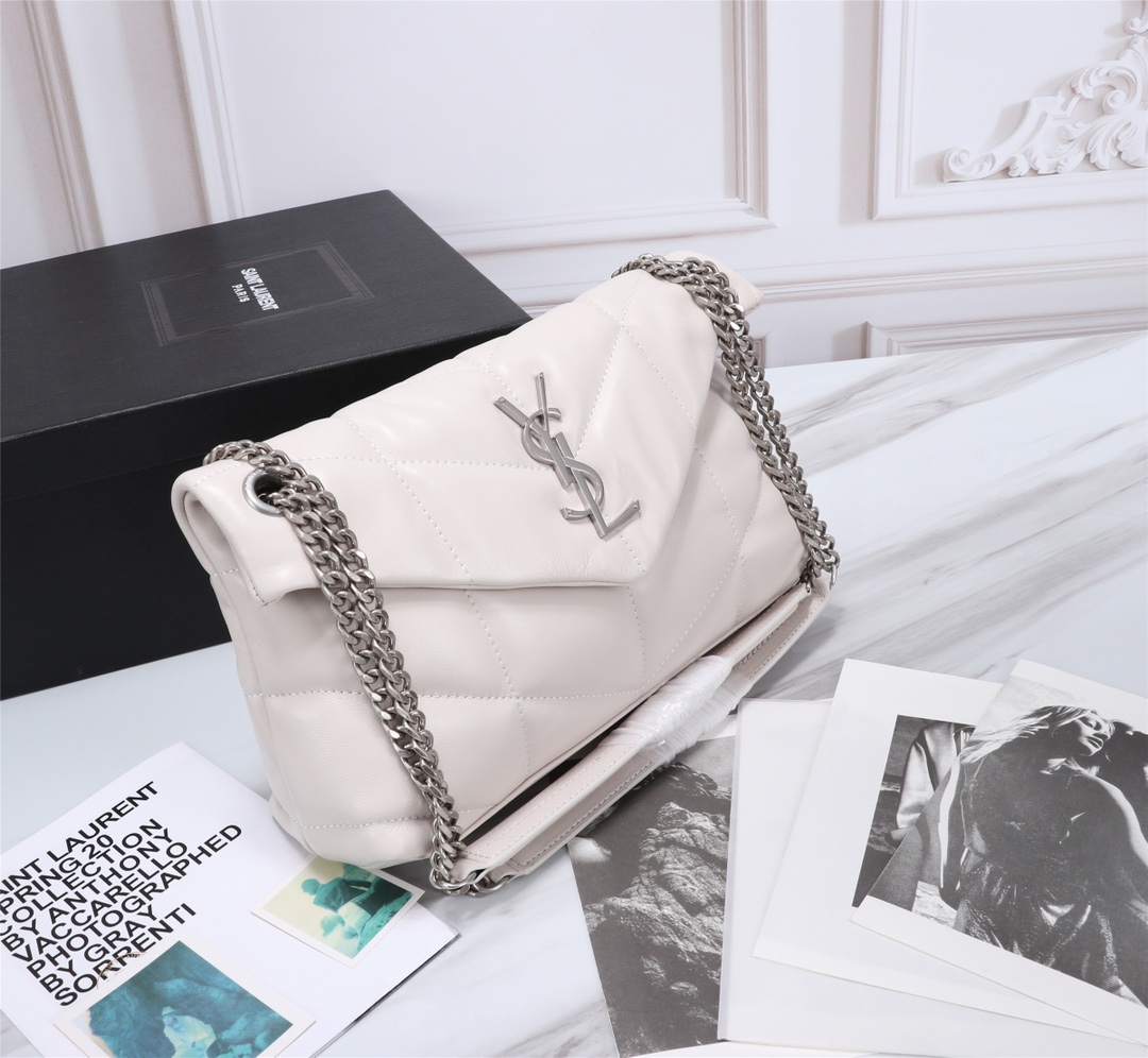 Saint Laurent Puffer Small In White Leather Silver Hardware 29cm