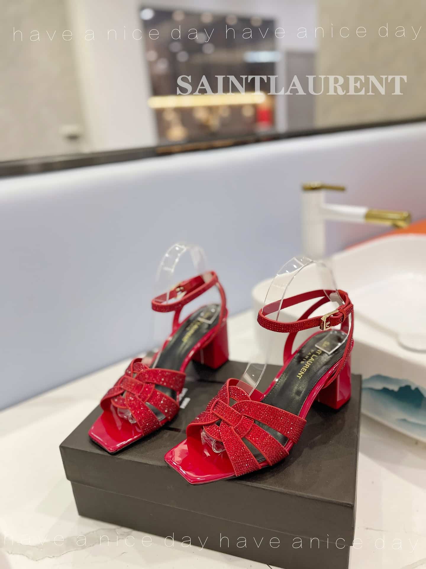 Saint Laurent Tribute Leather Sandals Metallic Red