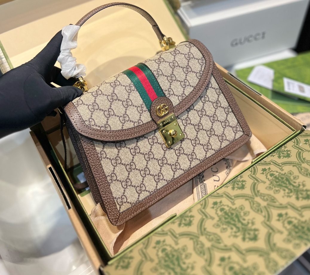 GUCCI OPHIDIA MEDIUM TOP HANDLE BAG GG SUPREME BEIGE AND EBONY 25CM 651055 96IWX 8745