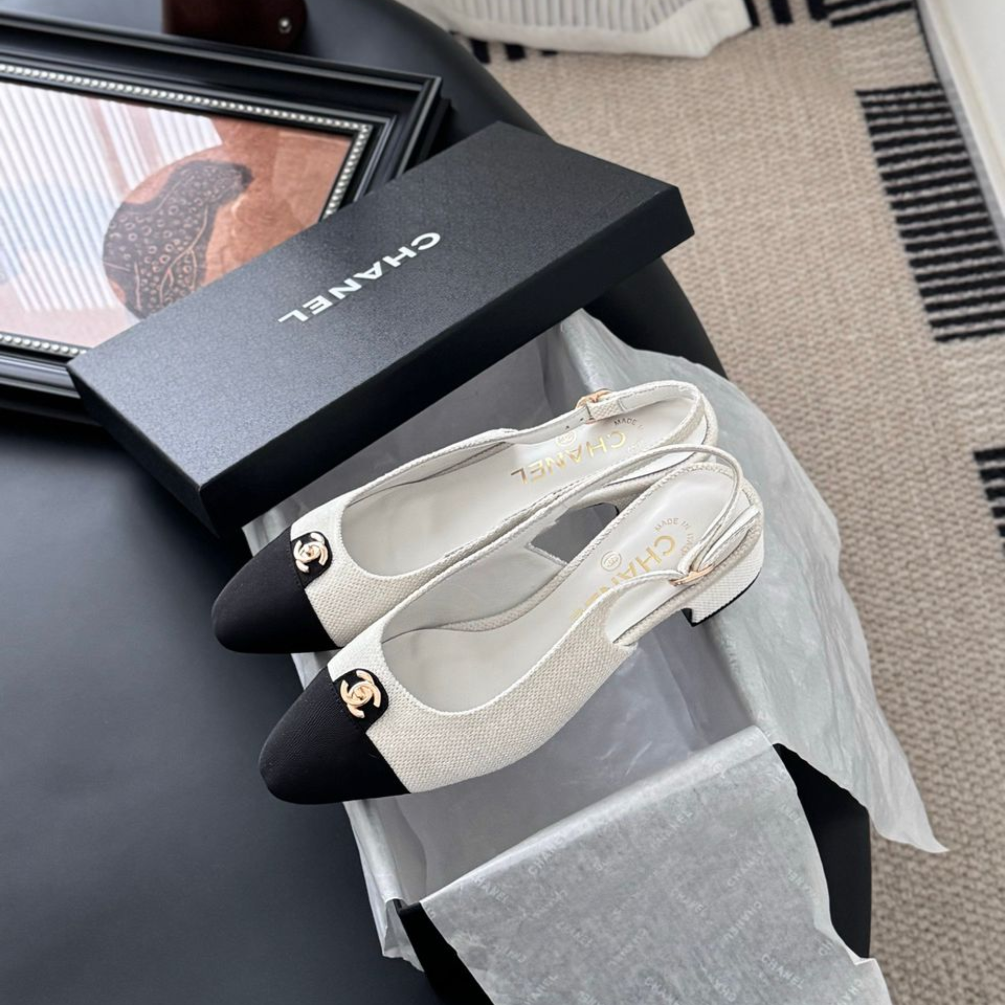 Chanel Iridescent Tweed Cap Toe CC Slingback Flats White Black