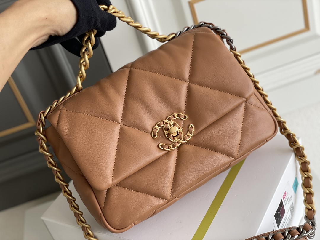 19 Handbag in Caramel Quilted Shiny Lambskin with Gold-Tone, Silver-Tone & Ruthenium-Finish Metal (Model AS1160)
