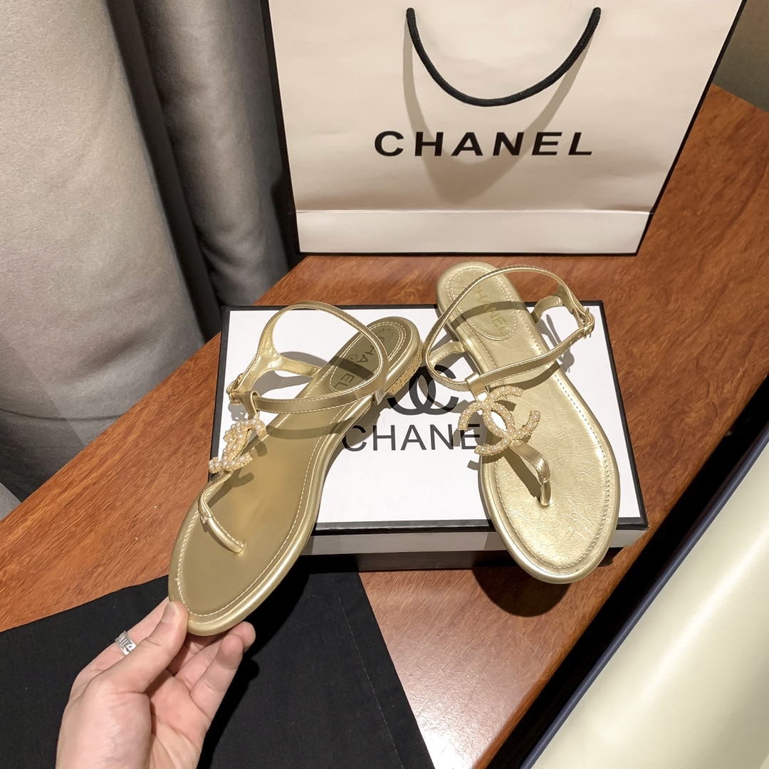 Chanel Gold Pearl Cc Logo Thong Sandals Golden