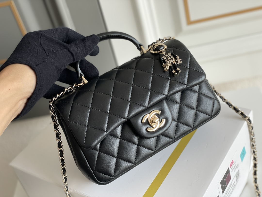 Classic Flap Mini Bag with Top Handle in Black Quilted Grained Lambskin with Gold-Tone Hardware