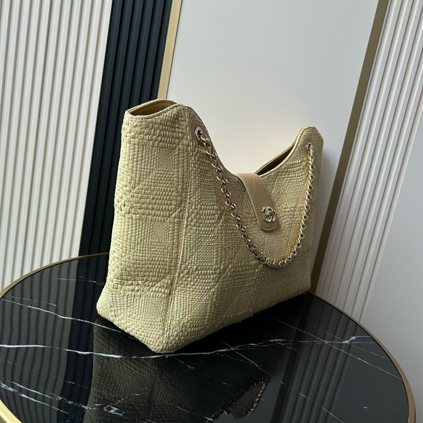 25C Light Yellow Woven Straw Large Tote Handbag with Calfskin Trim and Gold-Tone Hardware