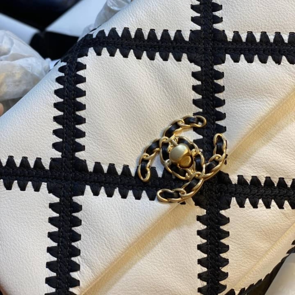 Chanel 19 Flap Bag Crochet Gold And Silver Tone White Black 24Cm AS1160 B04824 C0200